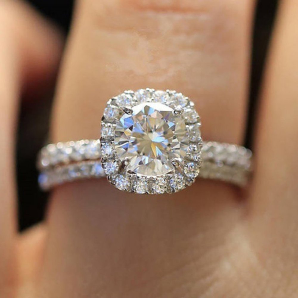 NEW 925 Sterling Silver Diamond Halo 2P Ring Set E - Picture 3 of 5